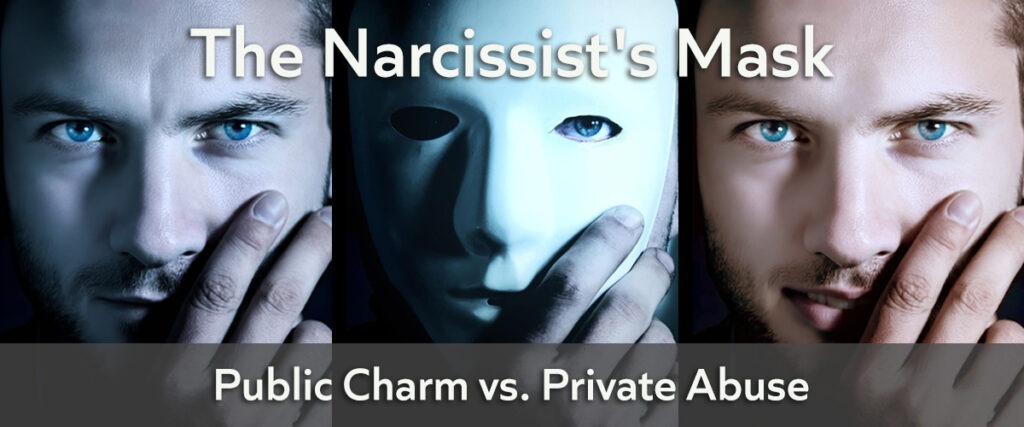 Split image showing a narcissist's public mask of confidence versus their private reality of abuse and lack of empathy.