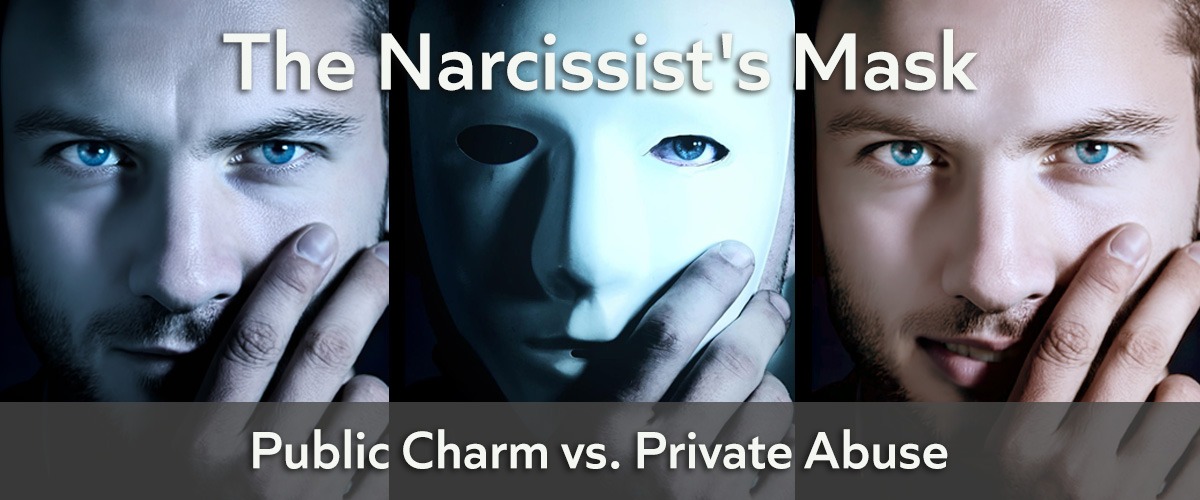 Split image showing a narcissist's public mask of confidence versus their private reality of abuse and lack of empathy.